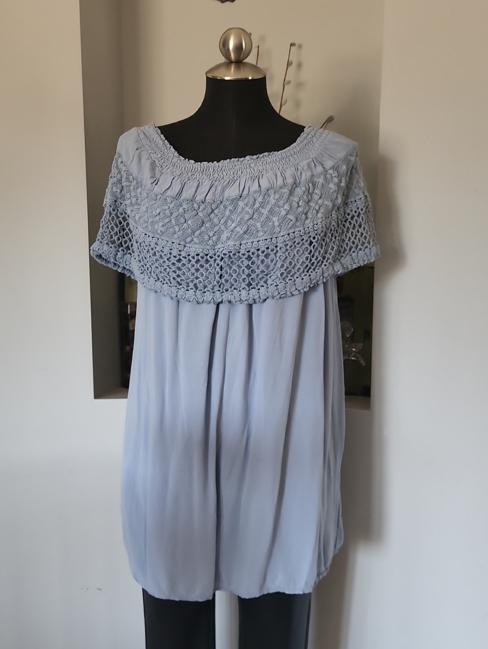 M Italy Light Blue Crochet-Yoke Peasant Top Size Medium